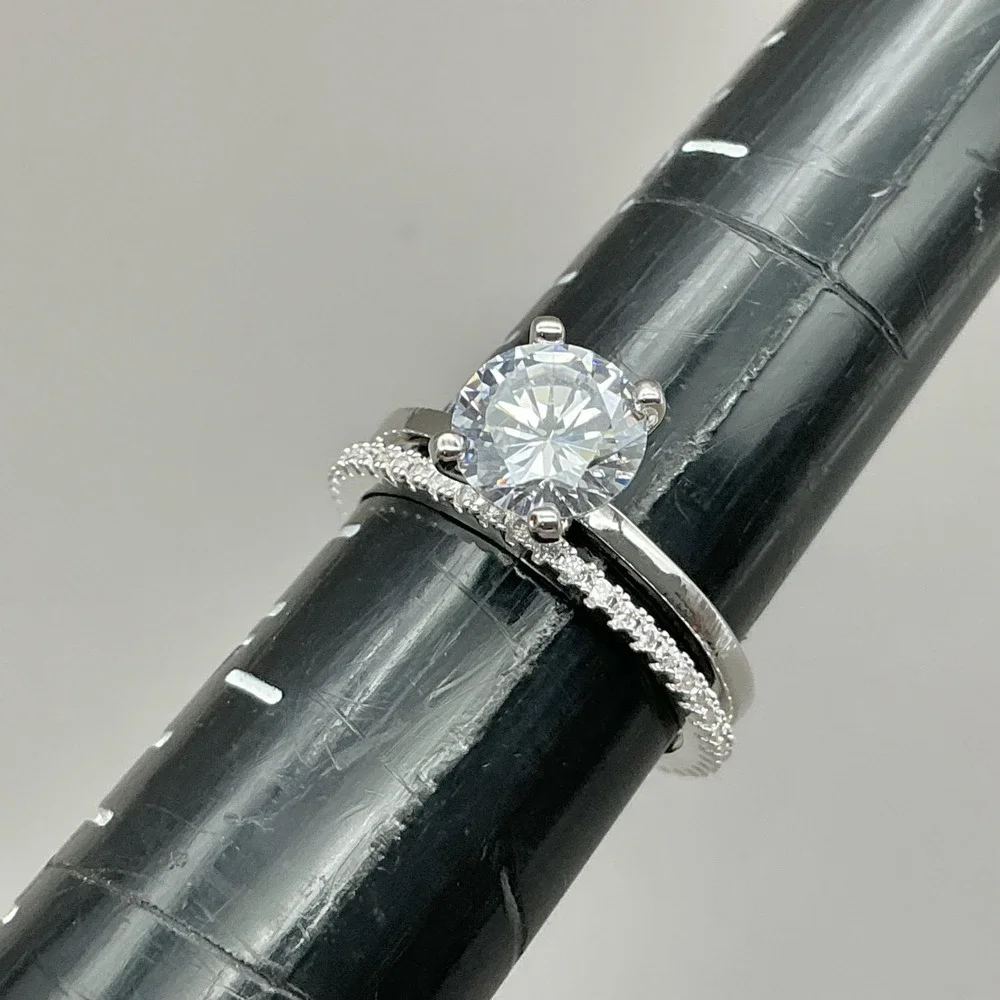 Ring Size 6.25 Silver Tone Clear Round Solitaire 2 Band Bridal Cocktail Womens